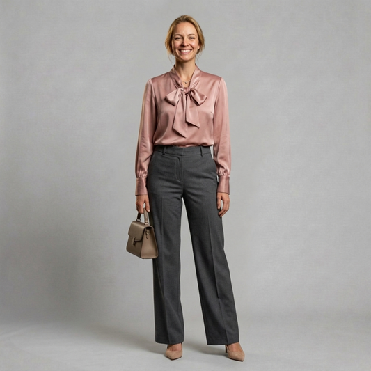 Evelyn – Satin blouse with elegant bow tie neckline