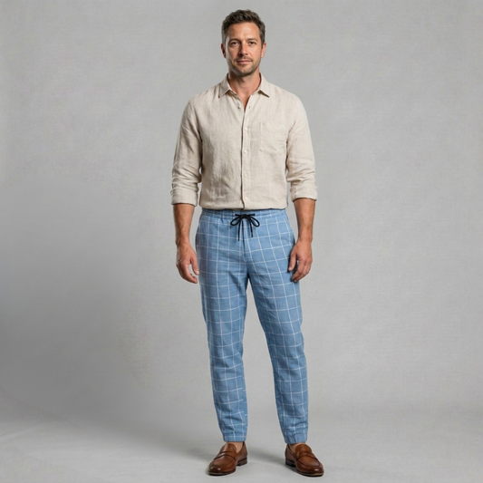 Adrian – Lightweight check trousers with relaxed drawstring waist